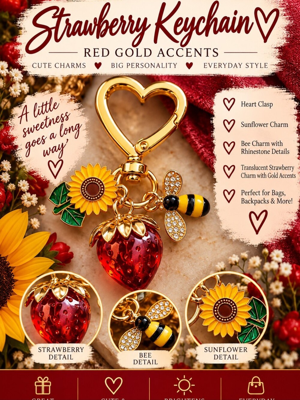 Strawberry Keychain Charm with Sunflower & Bee - Red & Gold!!